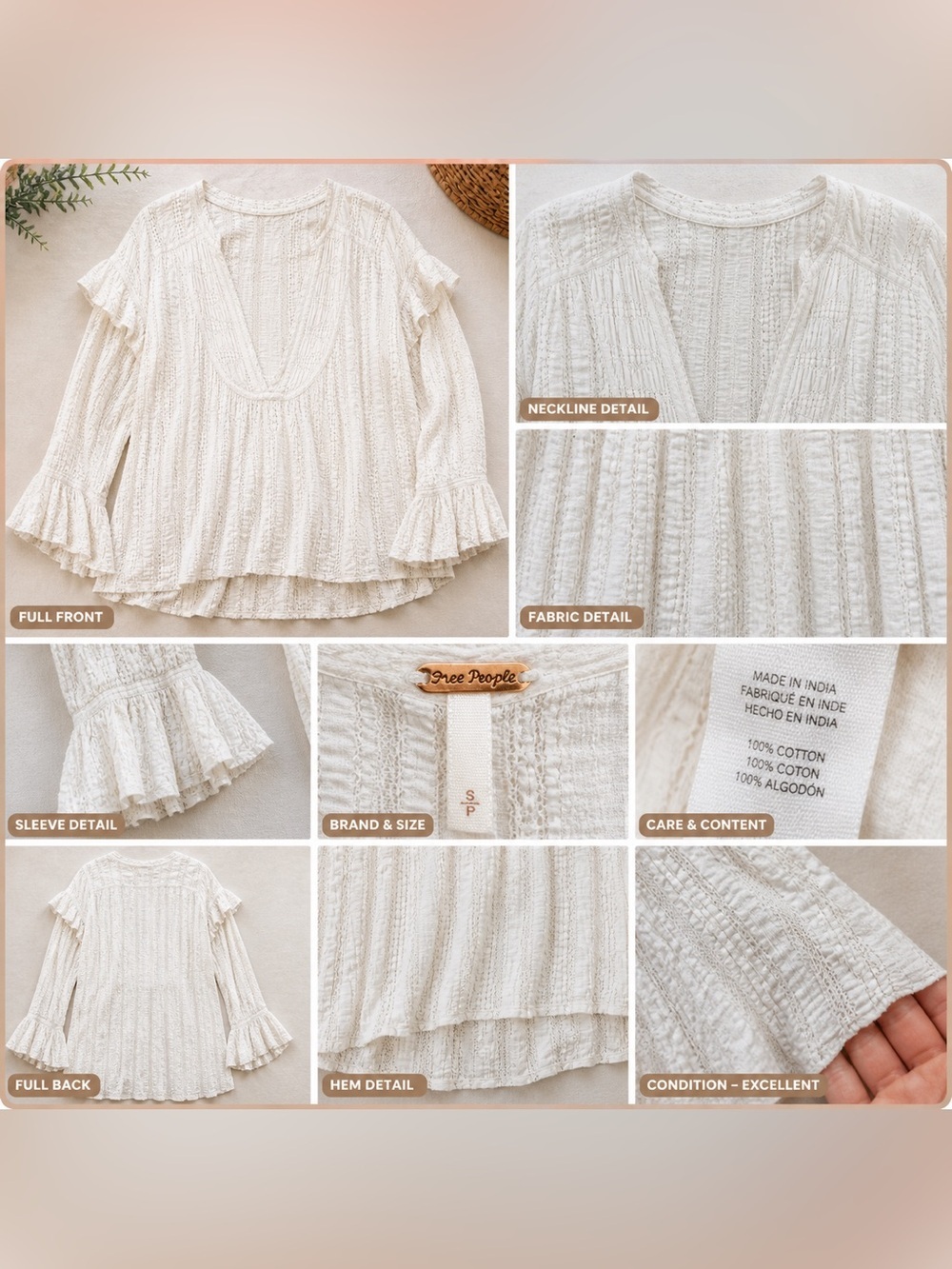 Free People romantic boho lace deep v cottagecore blouse  ivory ruffle sleeve S - Picture 3 of 9